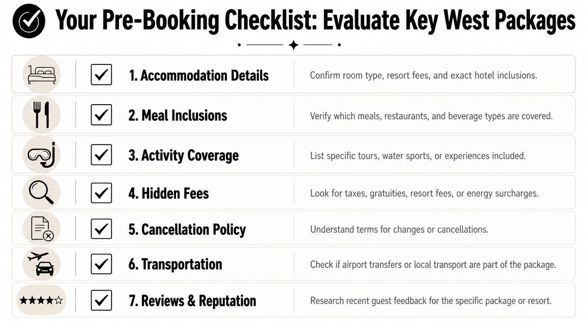 A seven-step pre-booking checklist for evaluating travel packages to Key West for vacation planning.