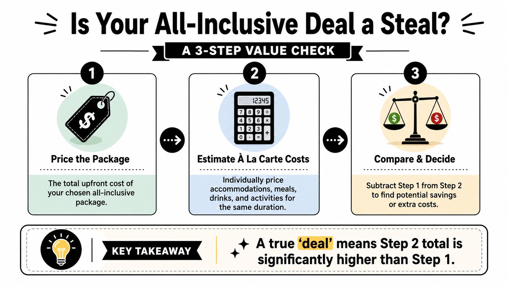 An infographic detailing a three-step method to calculate if an all-inclusive vacation package offers true savings.