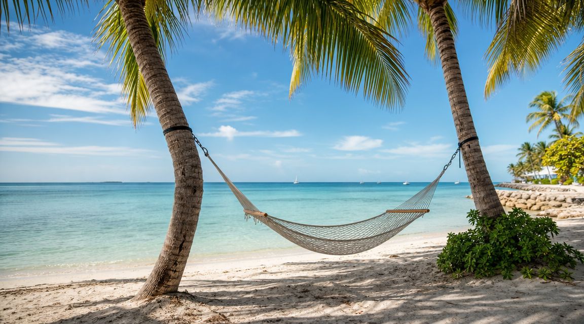 A relaxing white hammock strung between two palm trees on a sunny tropical beach in Key West.