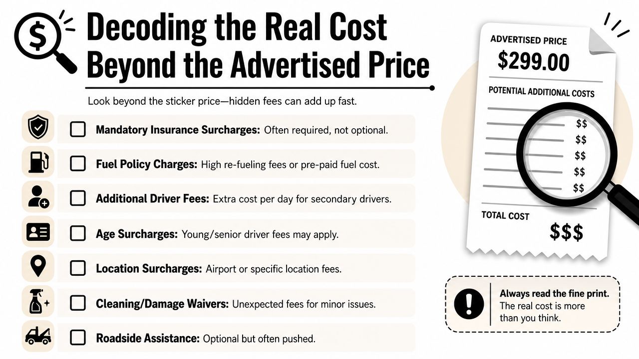 A visual guide explaining how hidden car rental fees can increase the total cost beyond the advertised price.