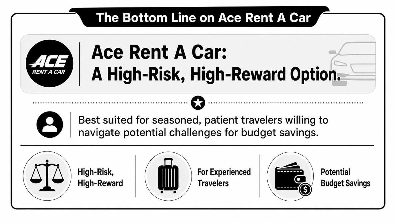 A summary infographic for Ace Rent A Car highlighting it as a high-risk, high-reward budget option.