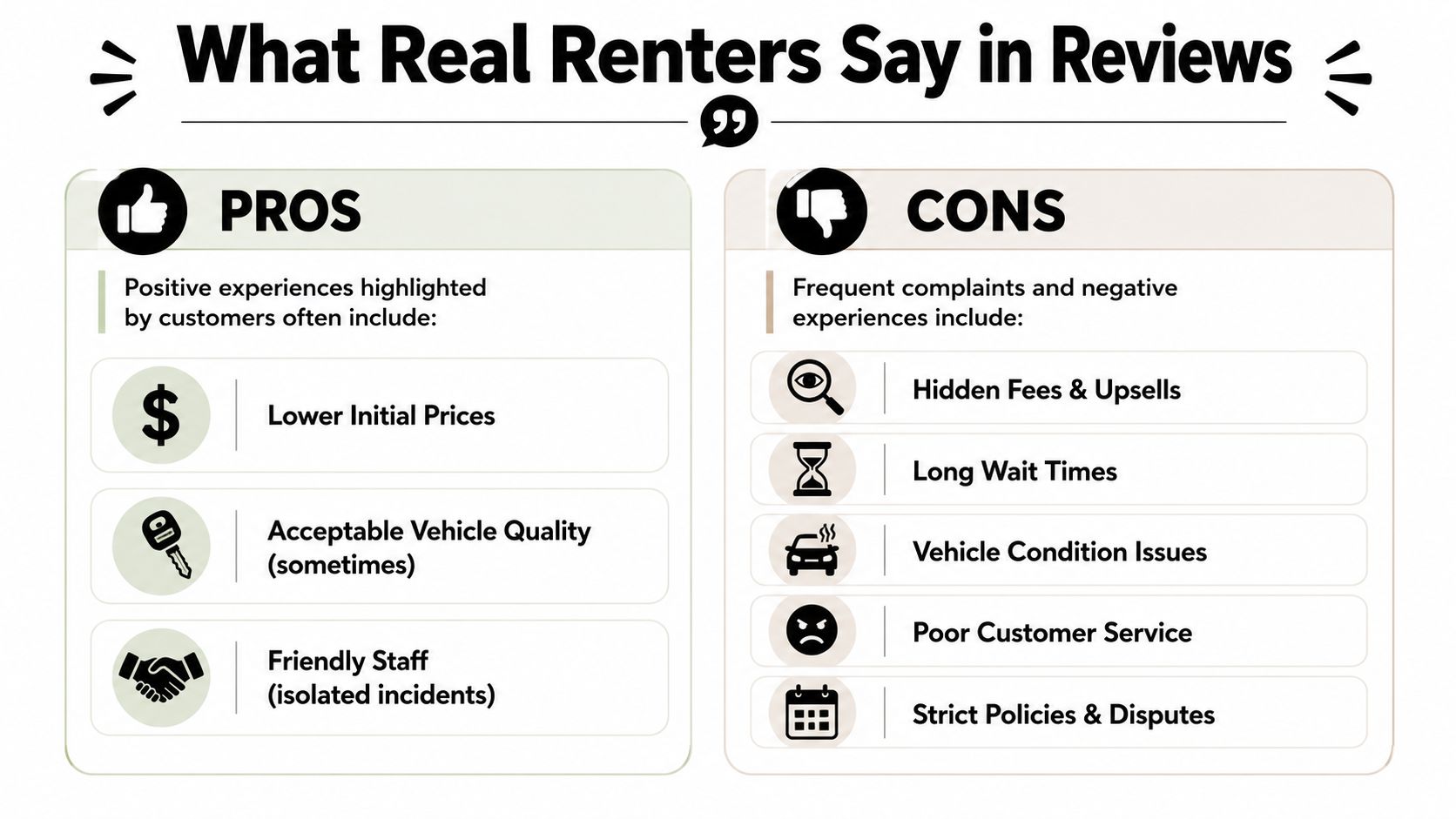 A comparison chart highlighting the pros and cons of rental car companies based on customer reviews.