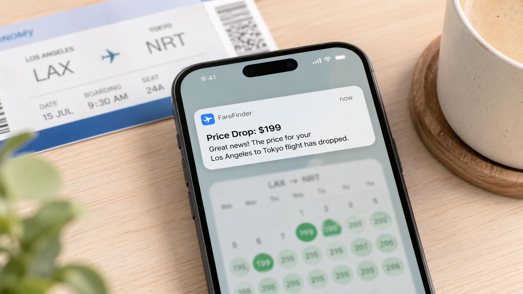 A smartphone displaying a travel app price drop notification next to a physical flight boarding pass.