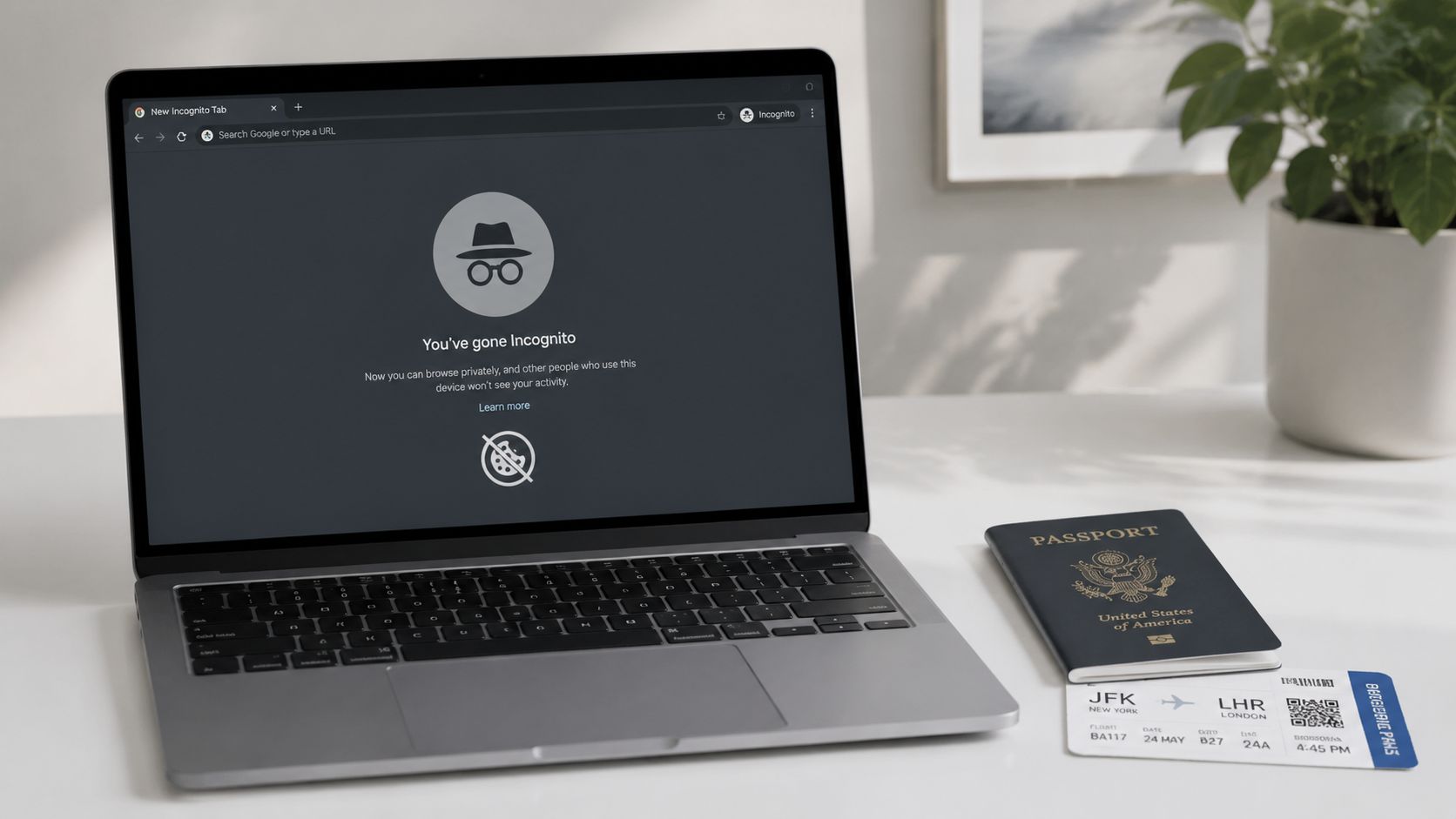 A laptop open to a private browsing tab next to a US passport and flight ticket.