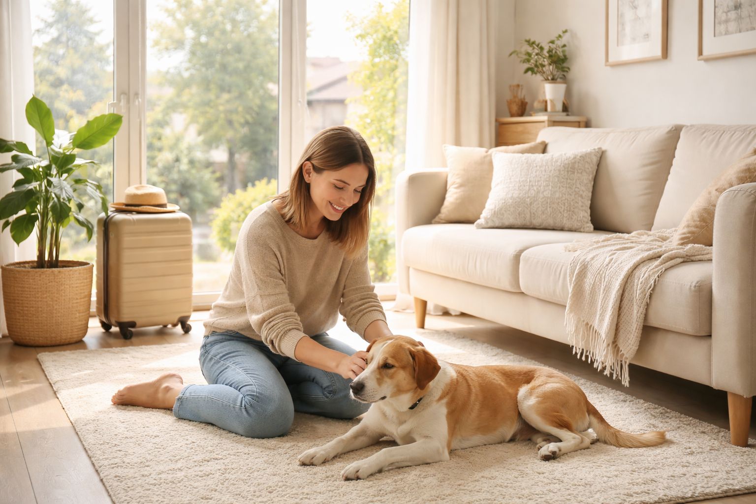 A happy young woman sitting on a rug and petting her dog inside a cozy living room.