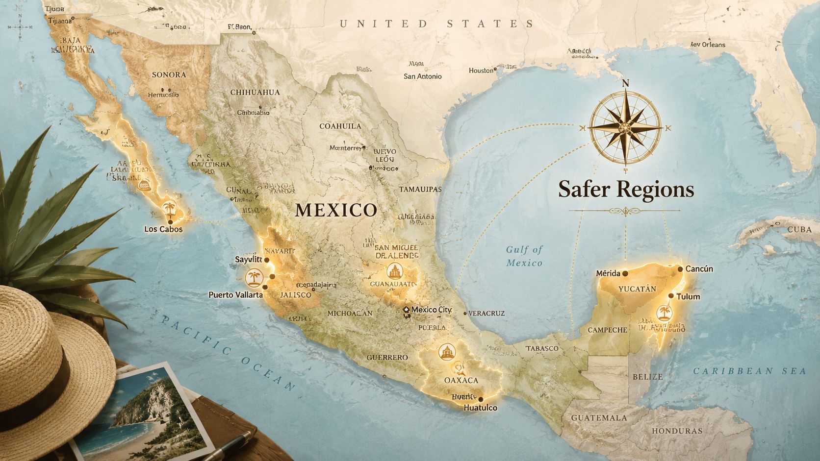 A map of Mexico highlighting safer regions for travel with golden glows over key tourist destinations.