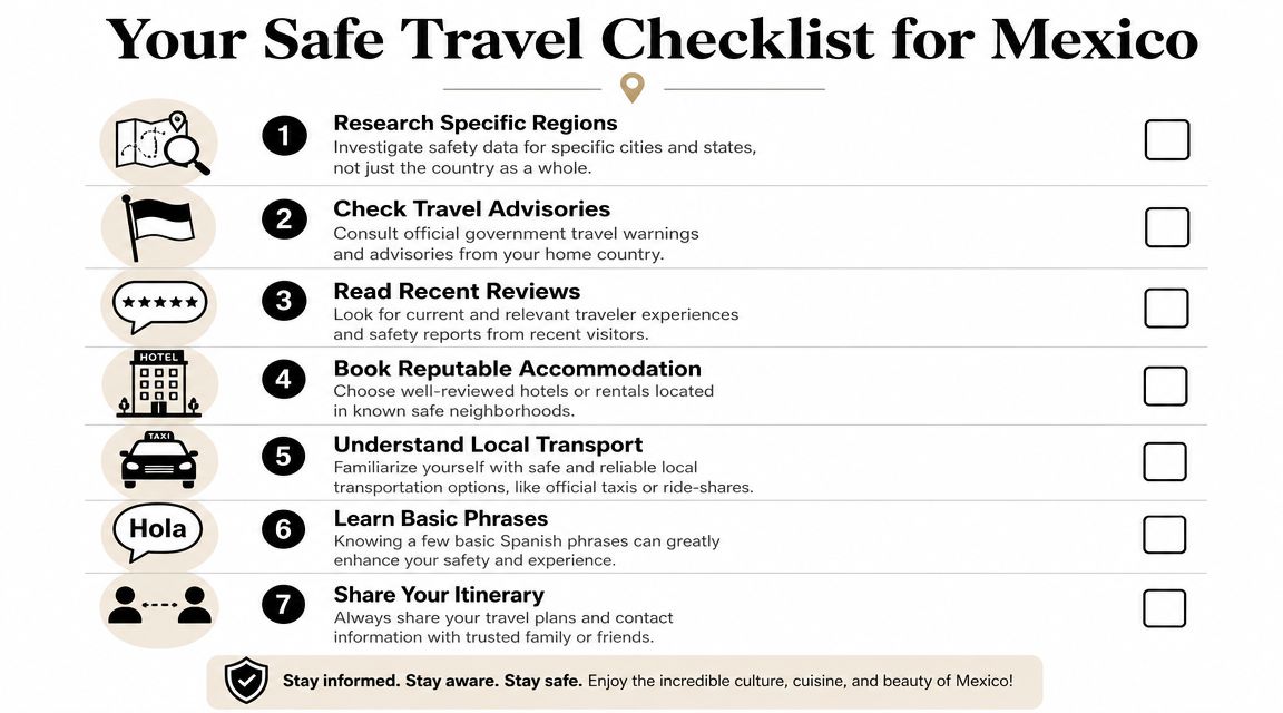 An infographic titled Your Safe Travel Checklist for Mexico outlining seven essential safety tips for travelers.