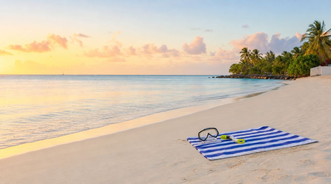 Snorkel mask and tube resting on a striped beach towel on sandy shore in Barbados at sunset