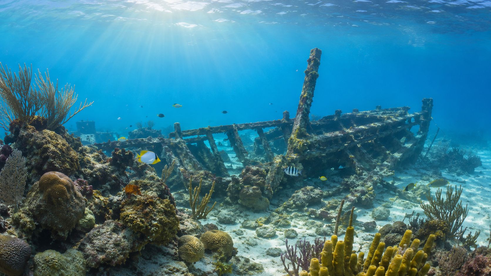 A scenic underwater view of an old shipwreck surrounded by vibrant coral reefs and tropical fish.
