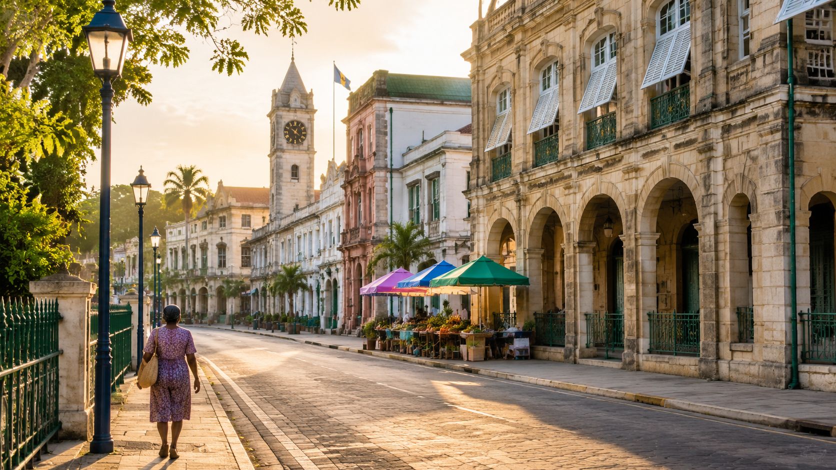 A woman walks down a sunlit, historic cobblestone street in Bridgetown, Barbados, featuring colonial architecture and shops.