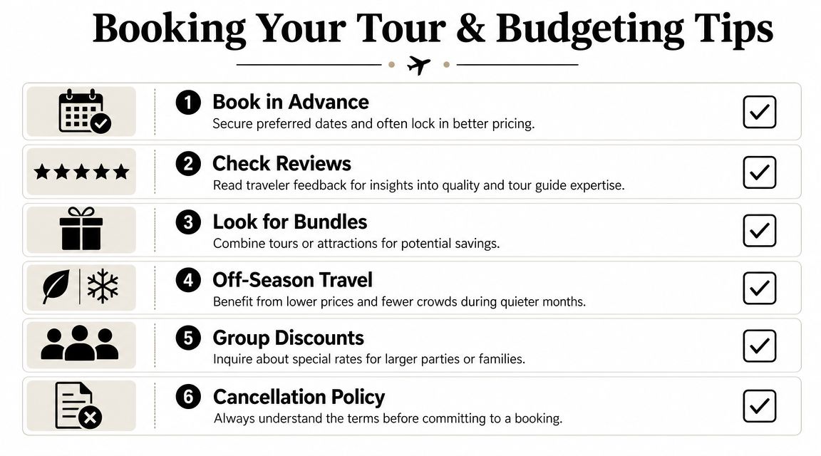 A list of six numbered tips for booking and budgeting for tours, including advanced booking and reviews.