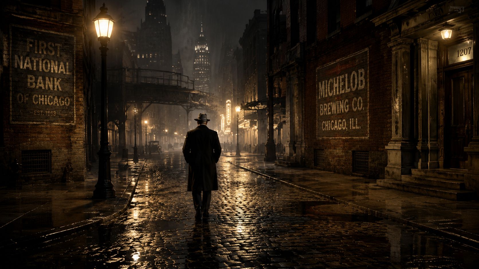 A man in a fedora and trench coat walking down a rainy dark Chicago street at night.