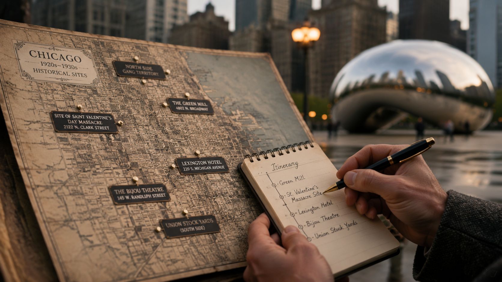 A hand holding a pen writes on a notepad over a vintage Chicago map of historical sites.