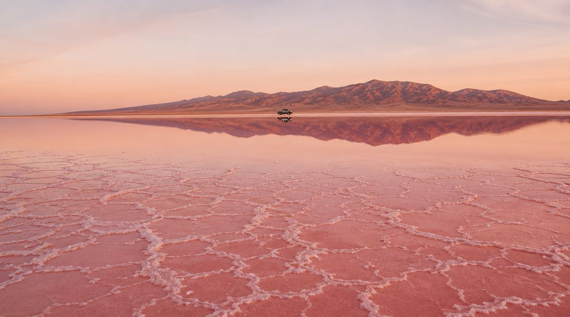 A scenic view of a pink lake with salt patterns and a vehicle reflecting in the water.