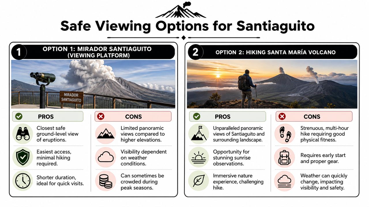 A comparison chart showing two safe viewing options for the Santiaguito volcano in Guatemala for tourists.