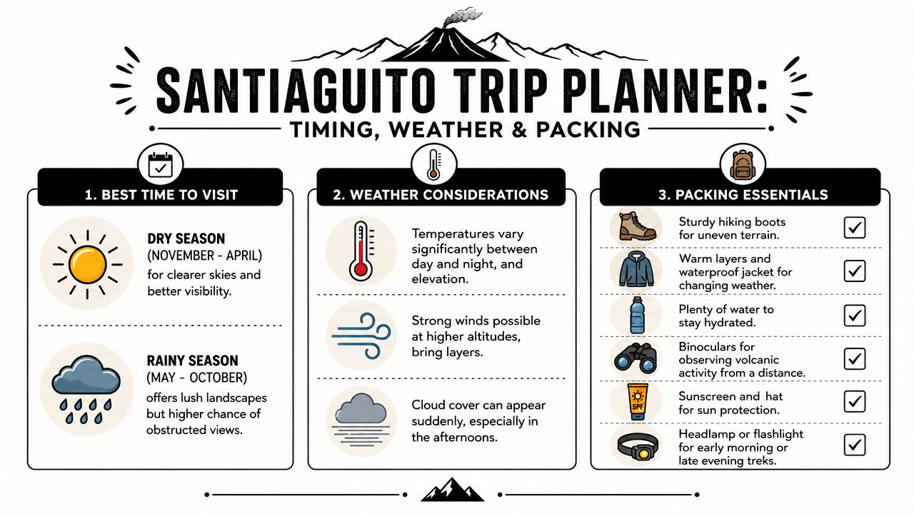 An infographic titled Santiaguito Trip Planner providing advice on travel timing, weather considerations, and essential packing list items.