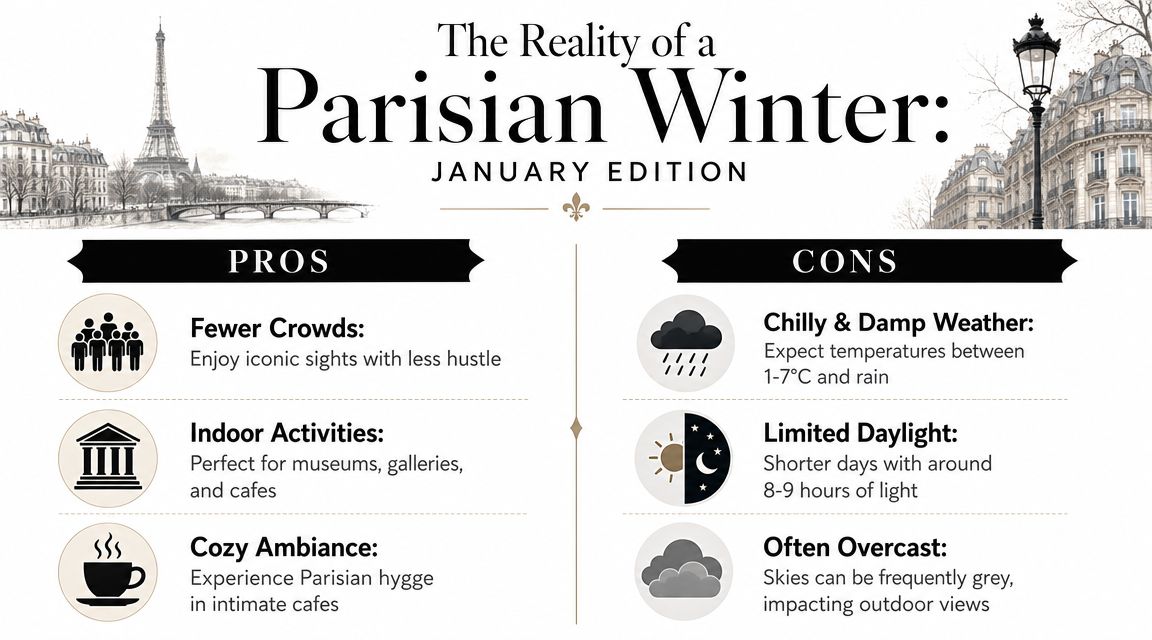 An infographic titled The Reality of a Parisian Winter listing pros and cons for January travel.