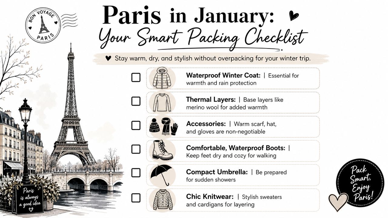 A checklist for packing for Paris in January, featuring clothing essentials like coats, boots, and warm accessories.