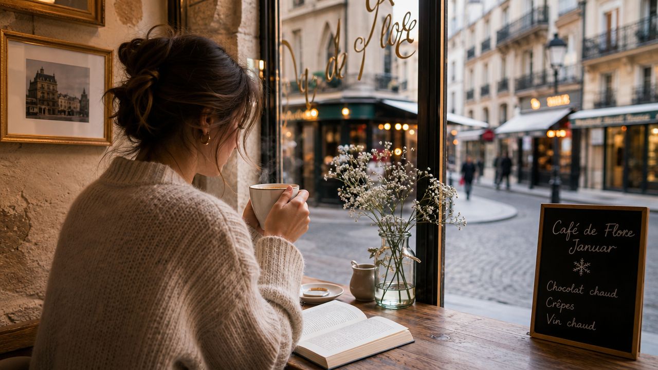 A woman reads a book while holding a warm drink in a cozy Paris cafe in winter.