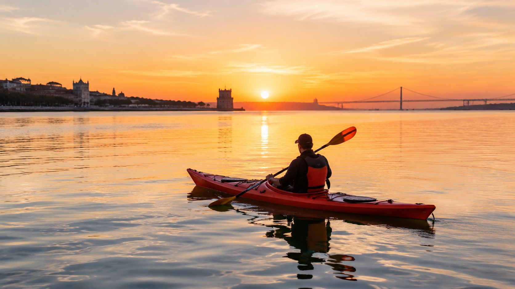 A person kayaking on the Tagus River in Lisbon during a beautiful golden sunset near Belem Tower.