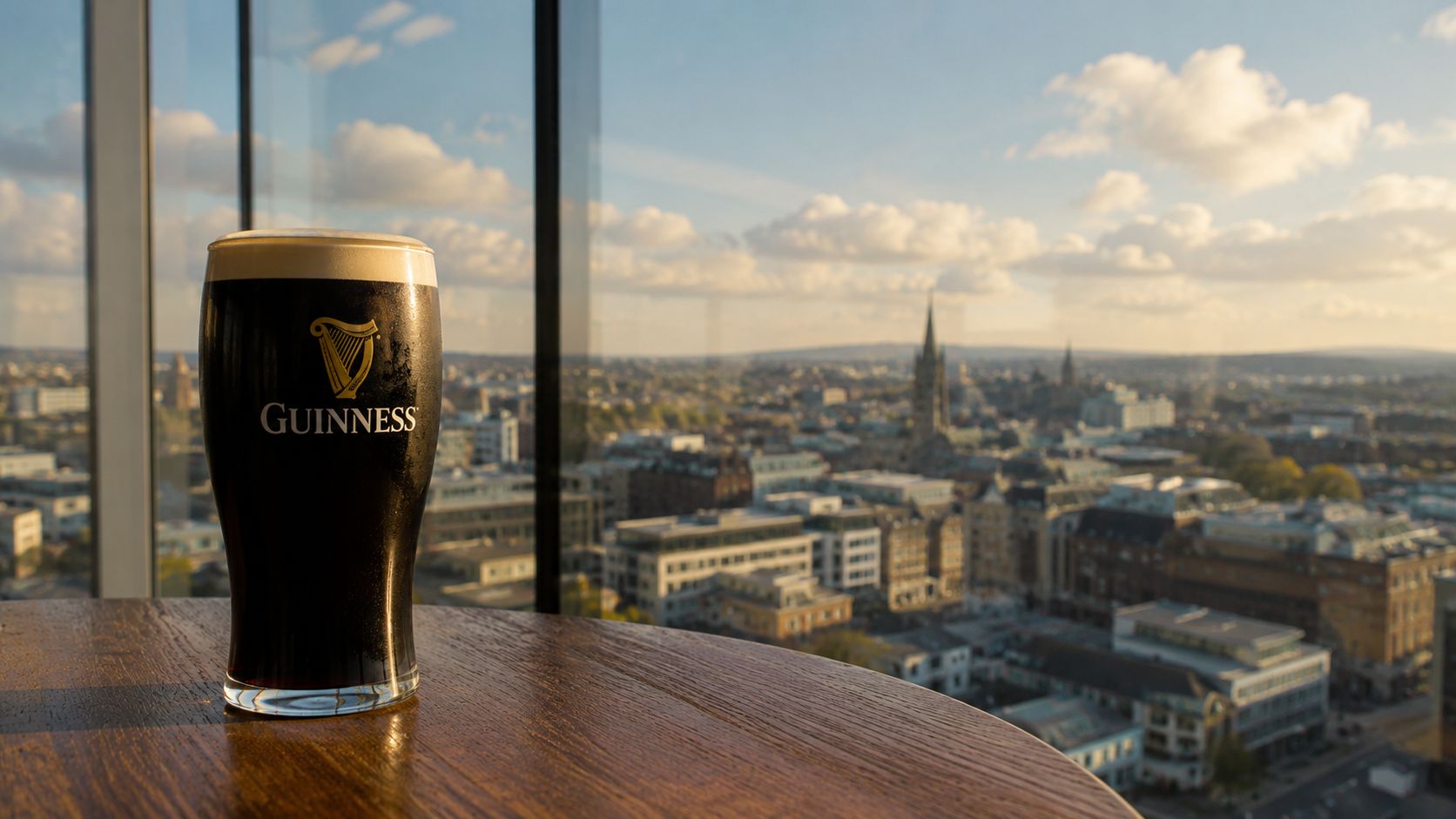 A glass of Guinness beer resting on a wooden table with a view over Dublin city skyline.