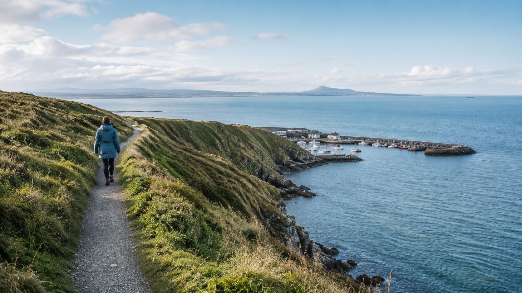 A person walks along a cliffside hiking trail overlooking a small harbor and ocean in Dublin, Ireland.