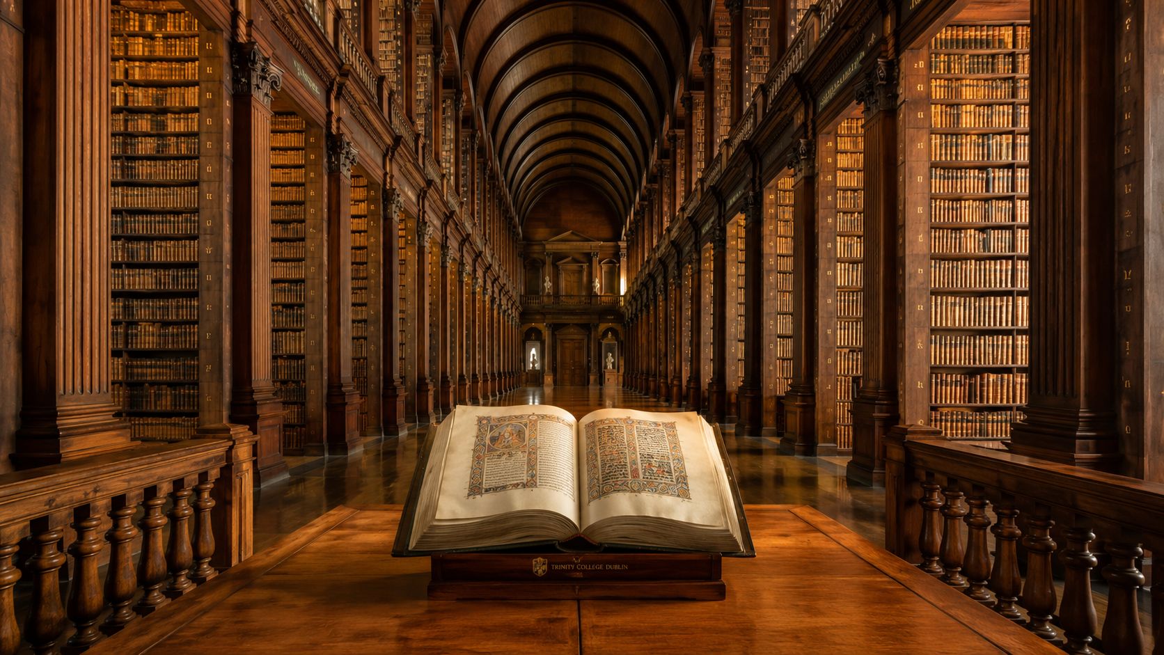 The historic Long Room library at Trinity College Dublin with an ancient manuscript on a wooden stand.
