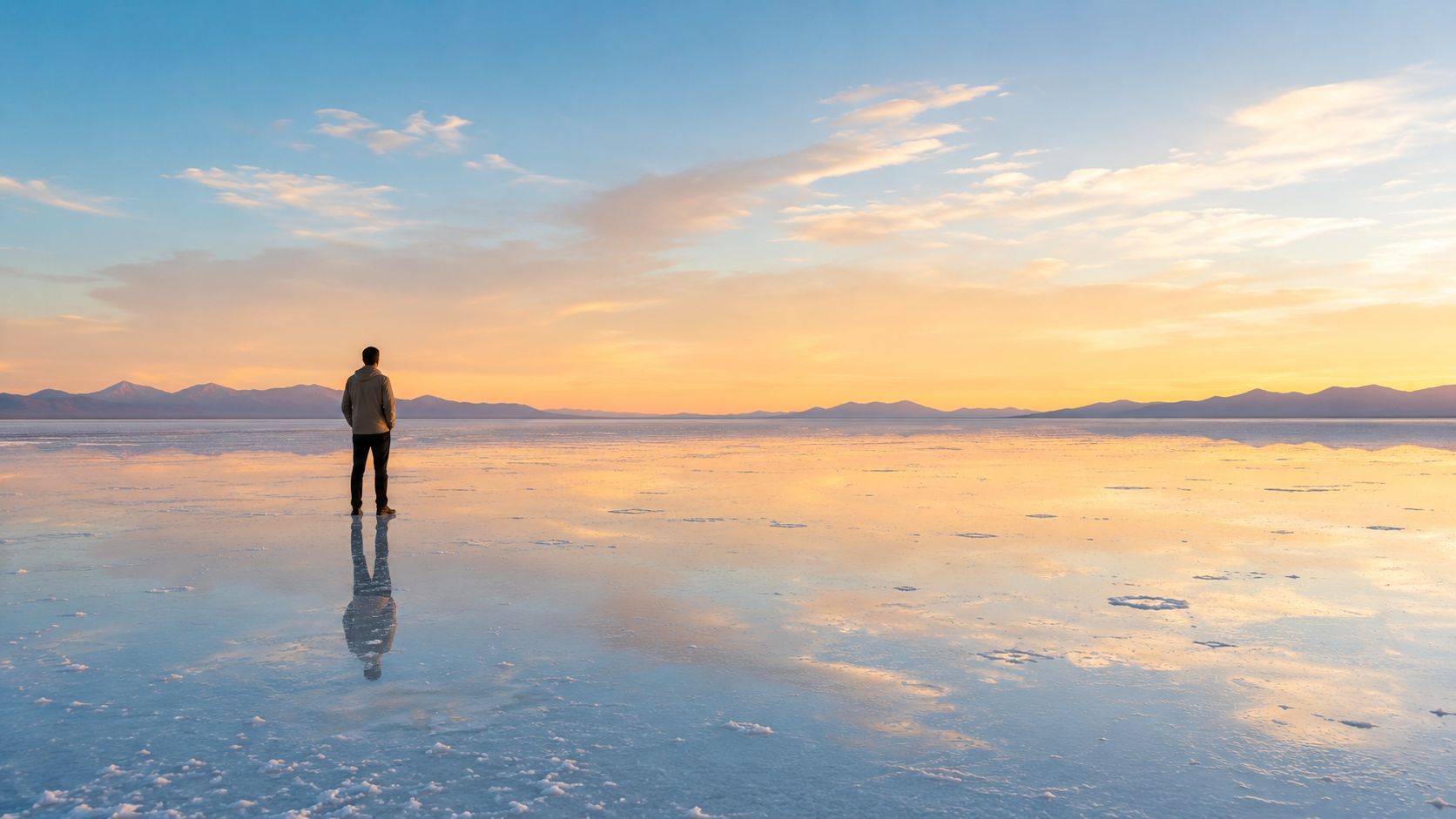A man standing alone on the reflective salt flats of Salar de Uyuni during a golden sunset