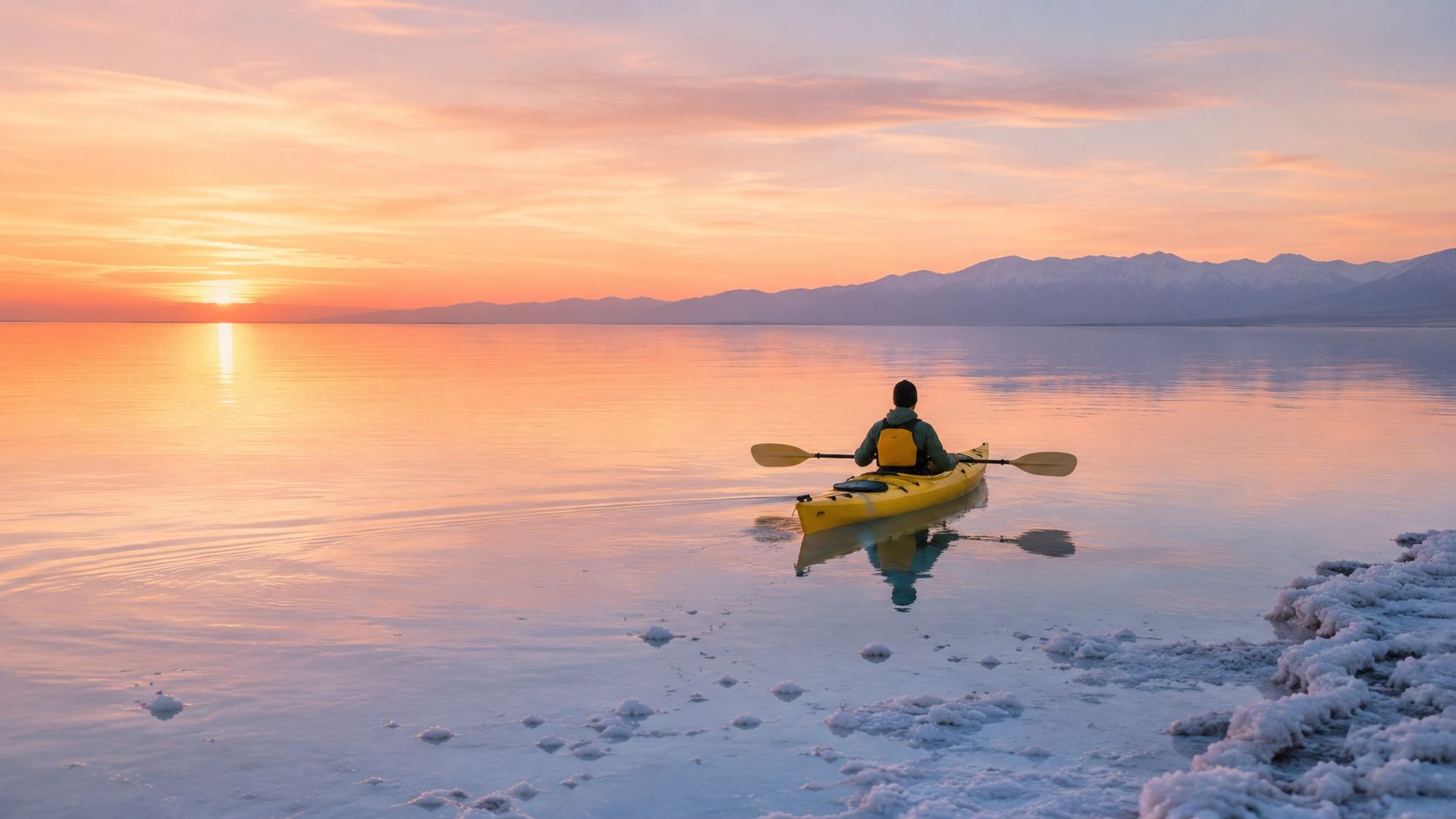 A person kayaking on a calm salt lake during a vibrant sunset with mountains in the distance.