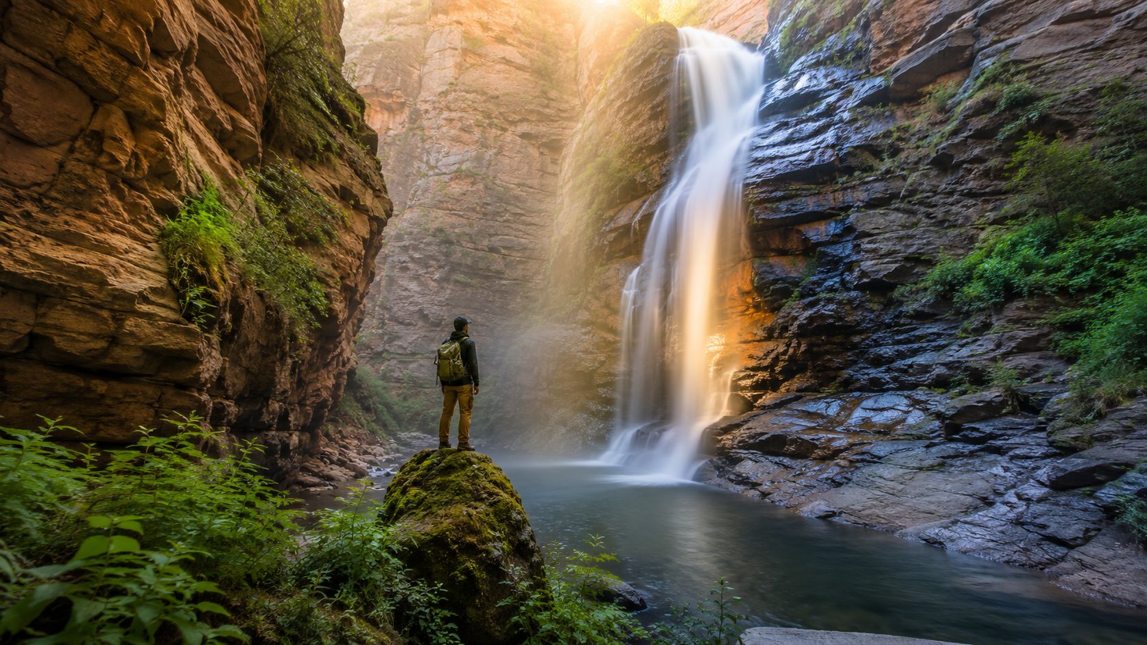 A hiker with a backpack stands on a mossy rock overlooking a beautiful waterfall in a canyon.