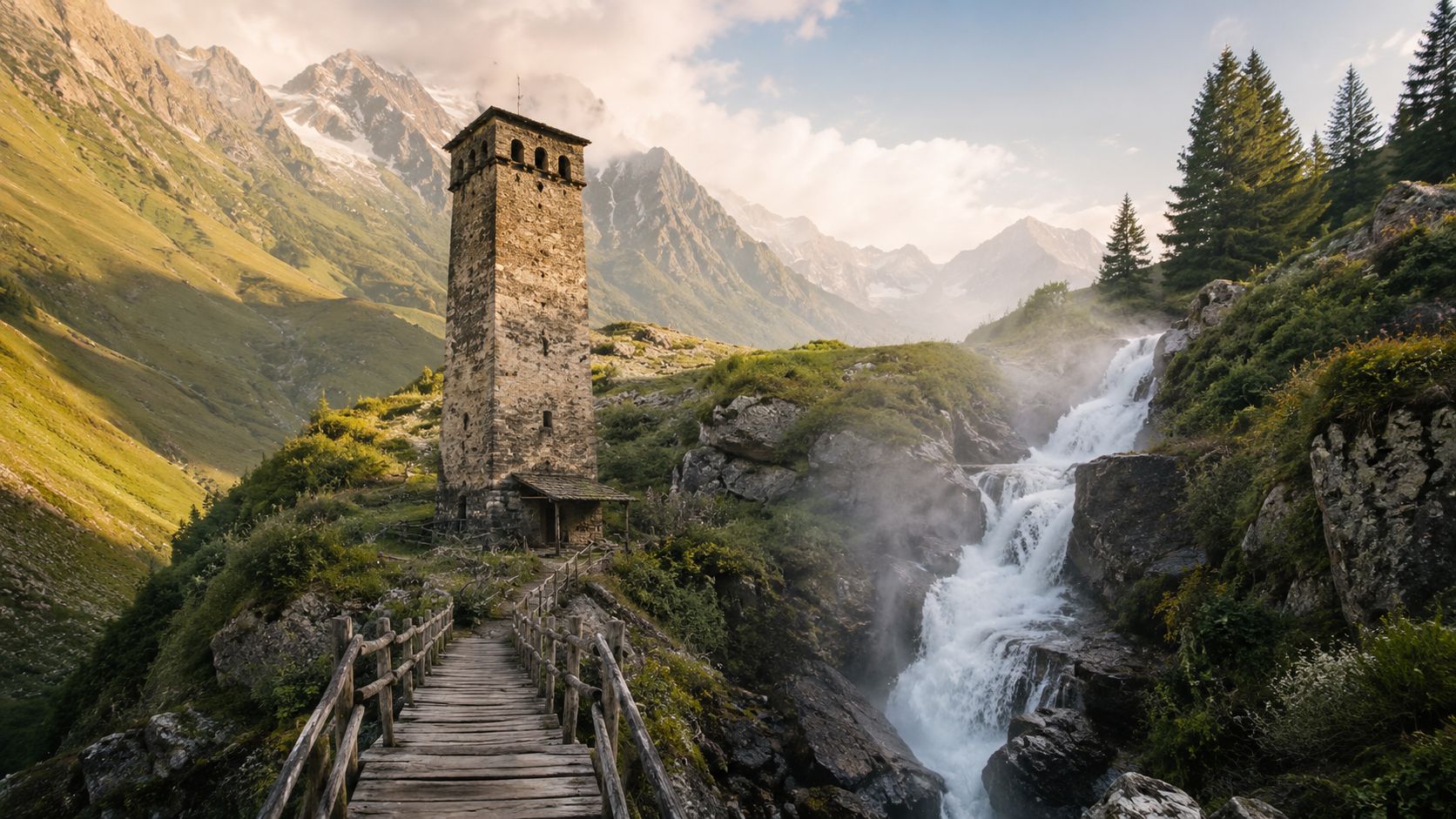 A historic stone defensive Svan tower stands beside a dramatic mountain waterfall in the Georgian Caucasus.