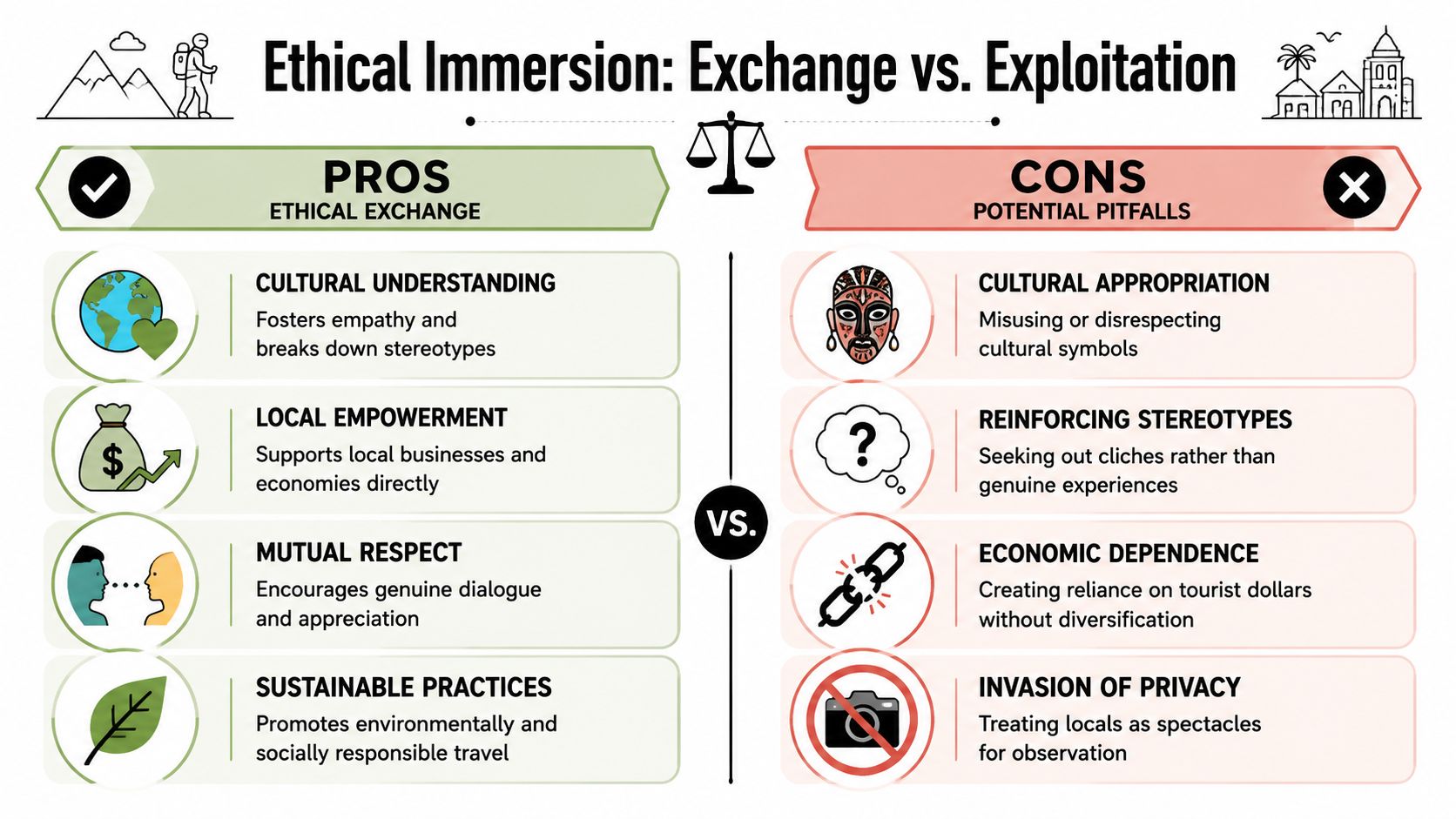 A comparison infographic showing the pros of ethical cultural exchange versus the cons of exploitation in travel.