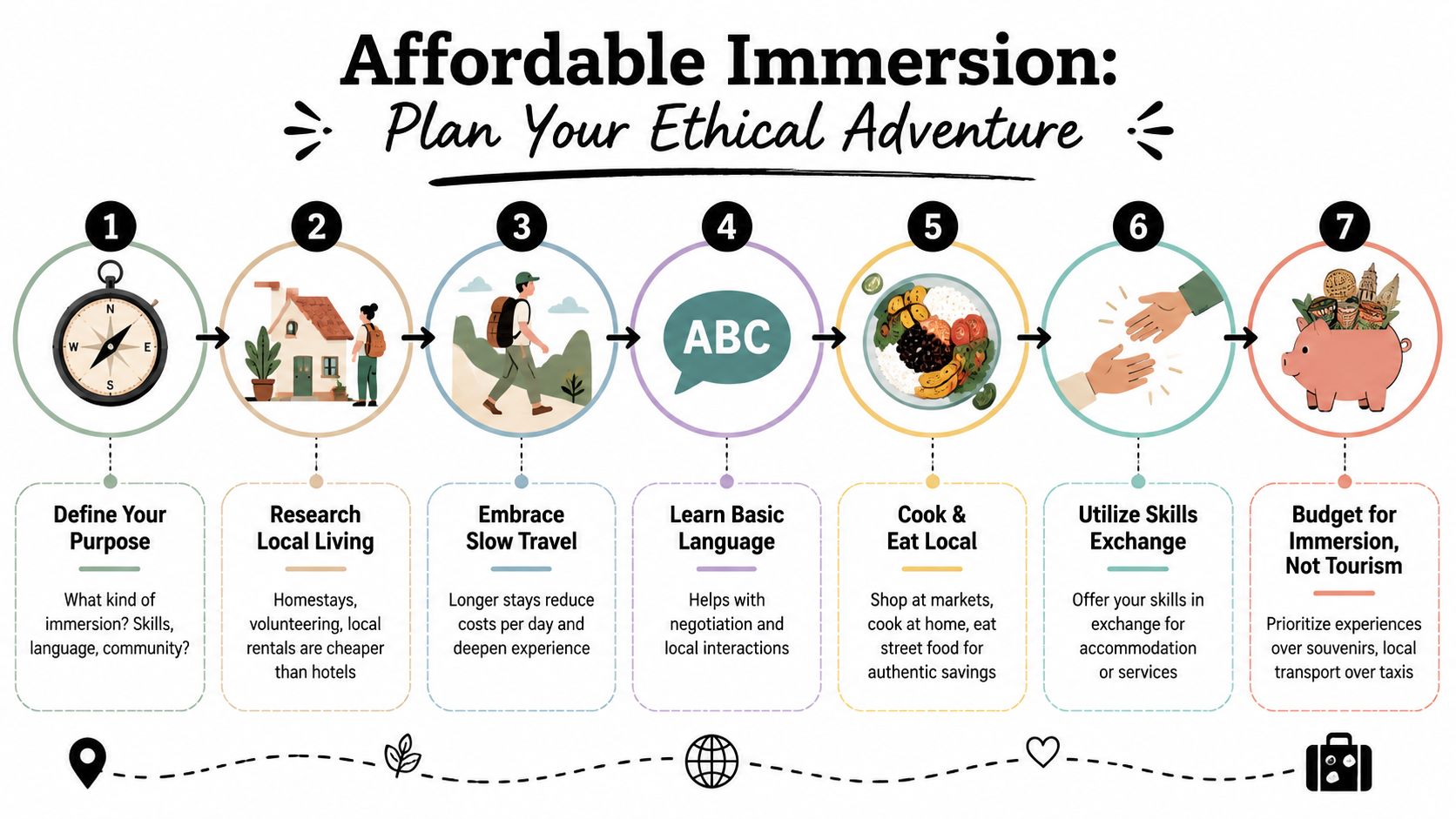 A seven-step infographic titled Affordable Immersion illustrating ways to travel ethically and sustainably while saving money.