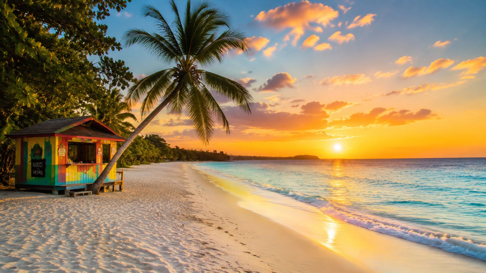 A colorful beach bar sits on a sandy shore under a vibrant sunset over the Caribbean Sea.