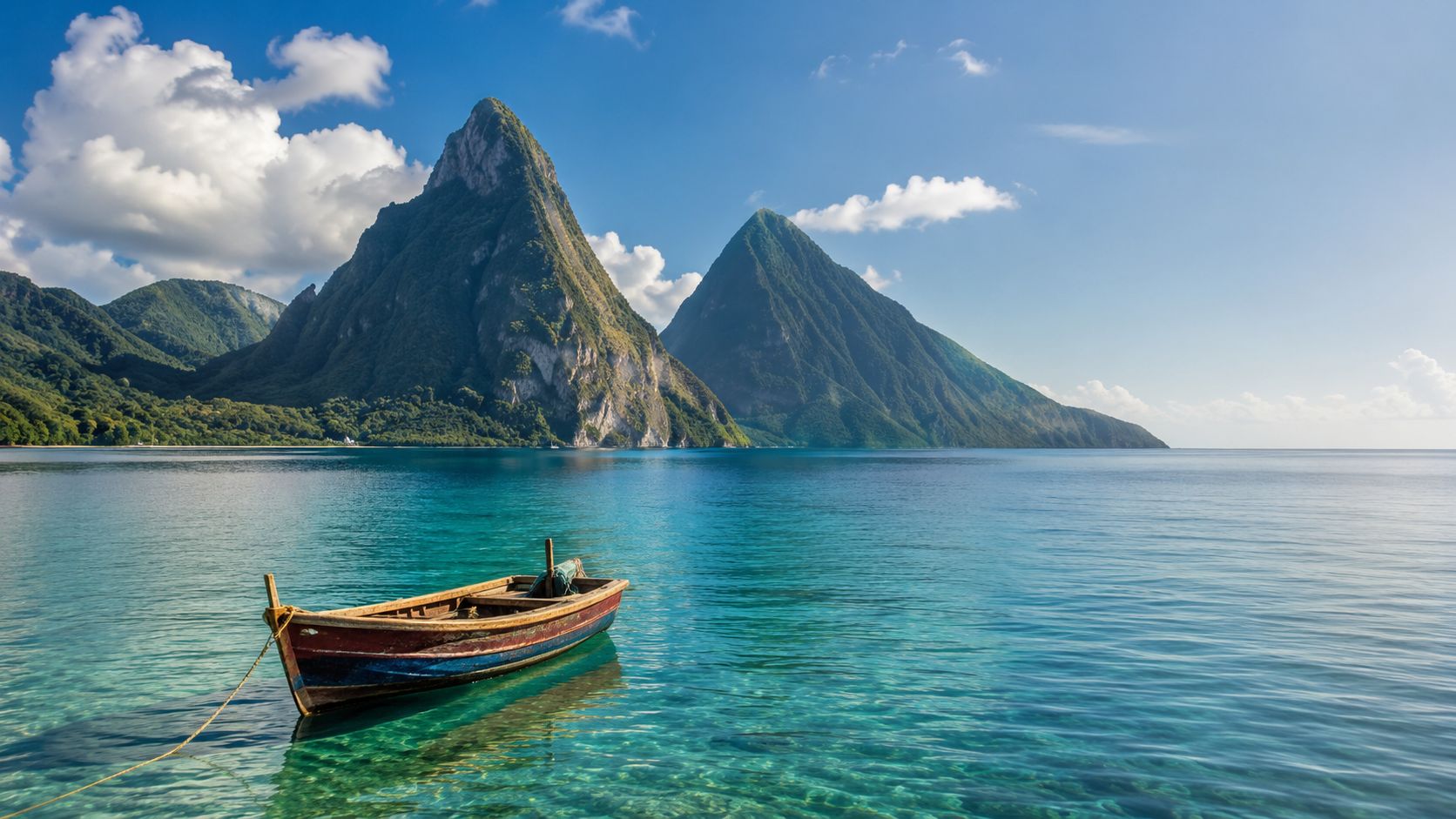 A wooden boat floats on calm, clear turquoise water with the iconic Piton mountains in St. Lucia behind.