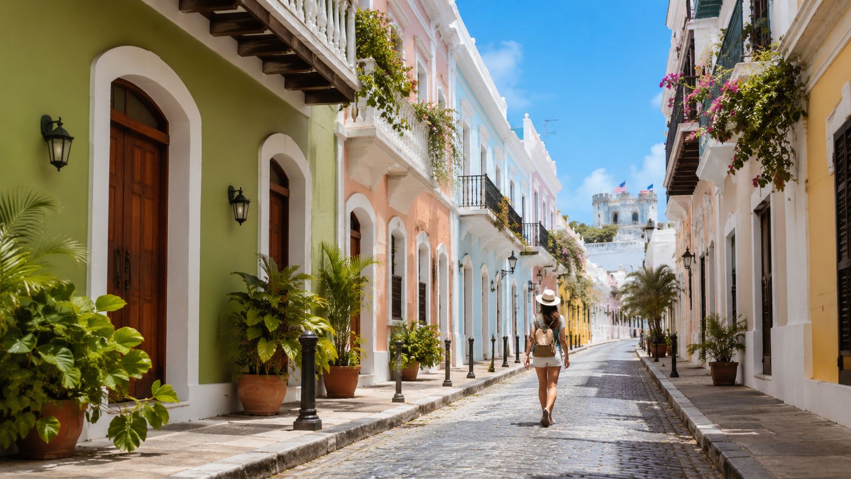 A tourist walking down a picturesque cobblestone street lined with colorful colonial buildings in Old San Juan.