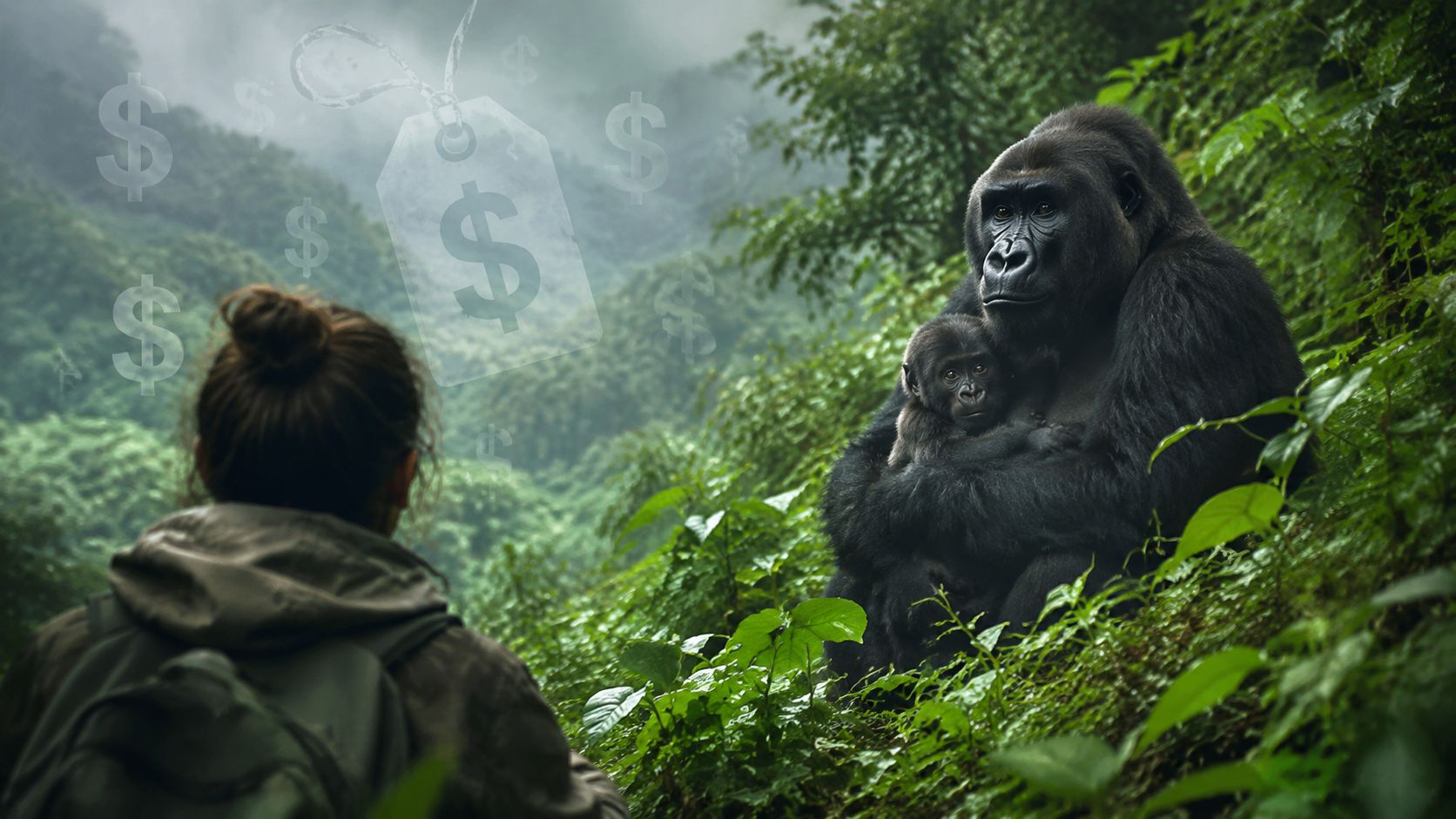 A tourist observing a mountain gorilla with her baby in a lush green Ugandan forest environment.
