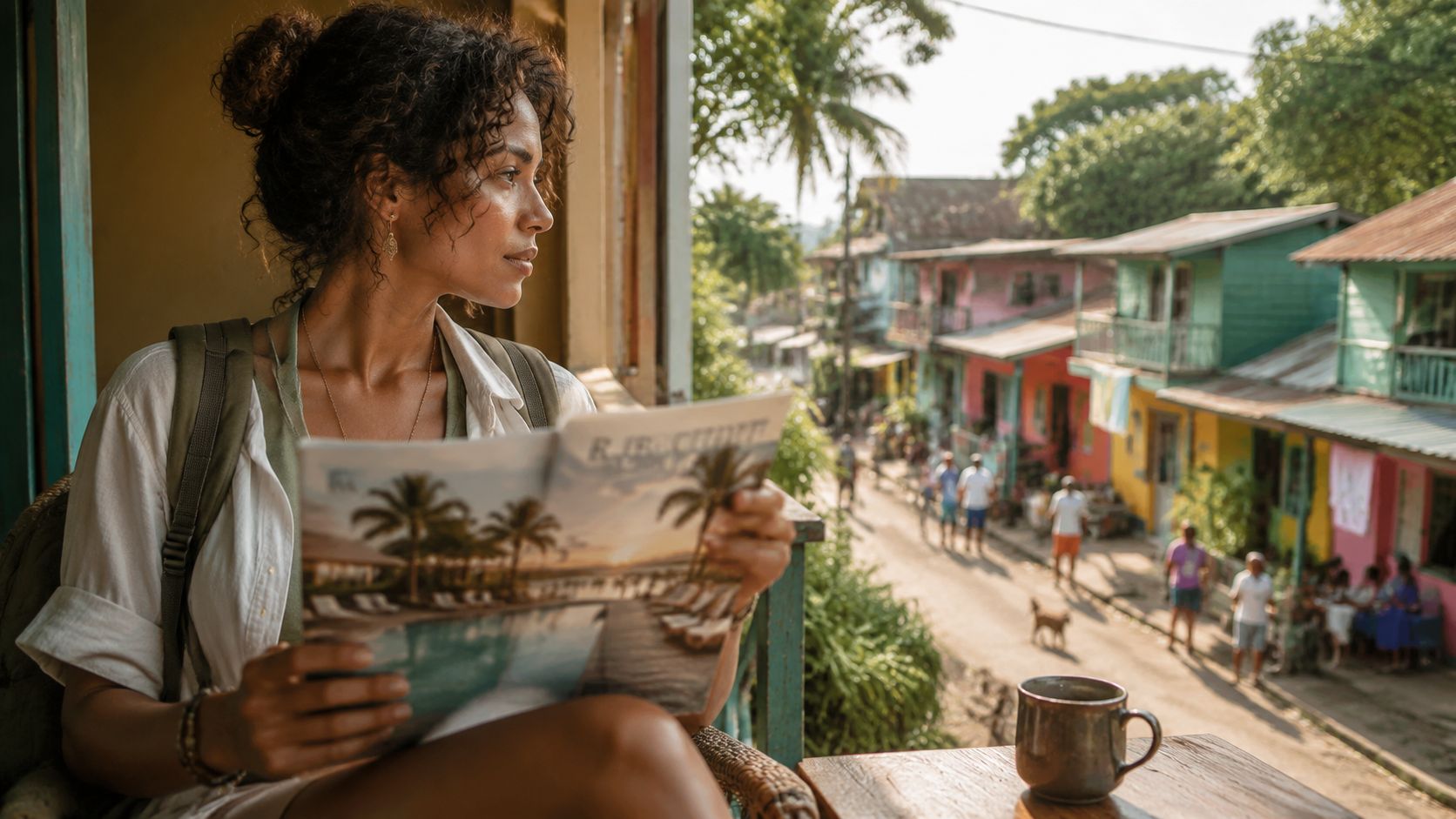 A woman reading a travel magazine on a sunny balcony overlooking a colorful street in Jamaica.