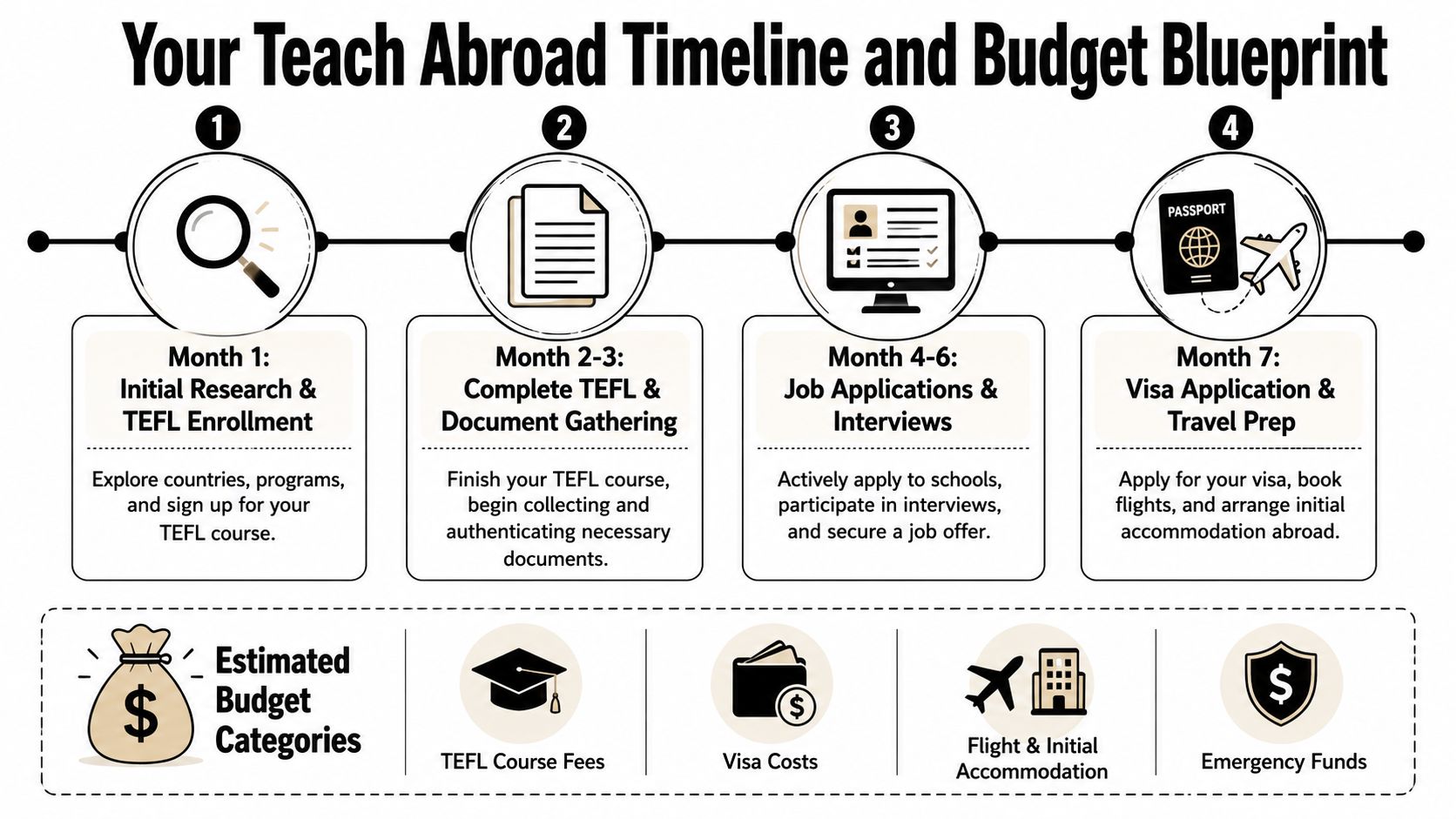 A four-step timeline infographic for planning a career teaching English abroad, including budget and preparation phases.