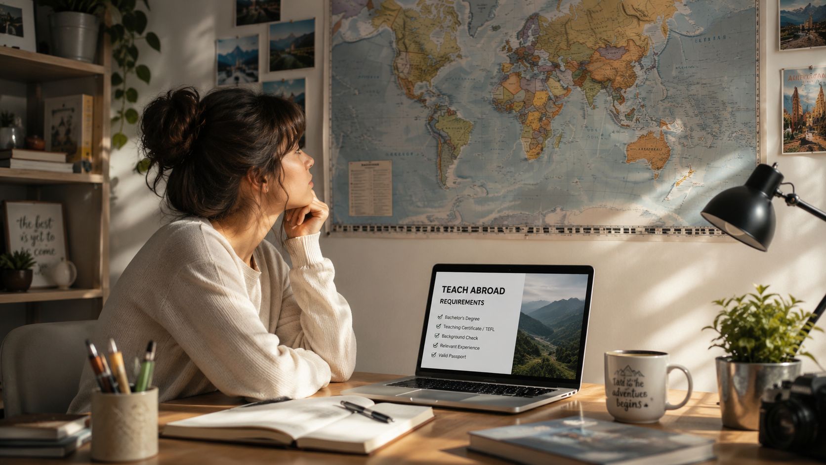 A young woman sits at her desk looking thoughtfully at a world map while planning to teach abroad.