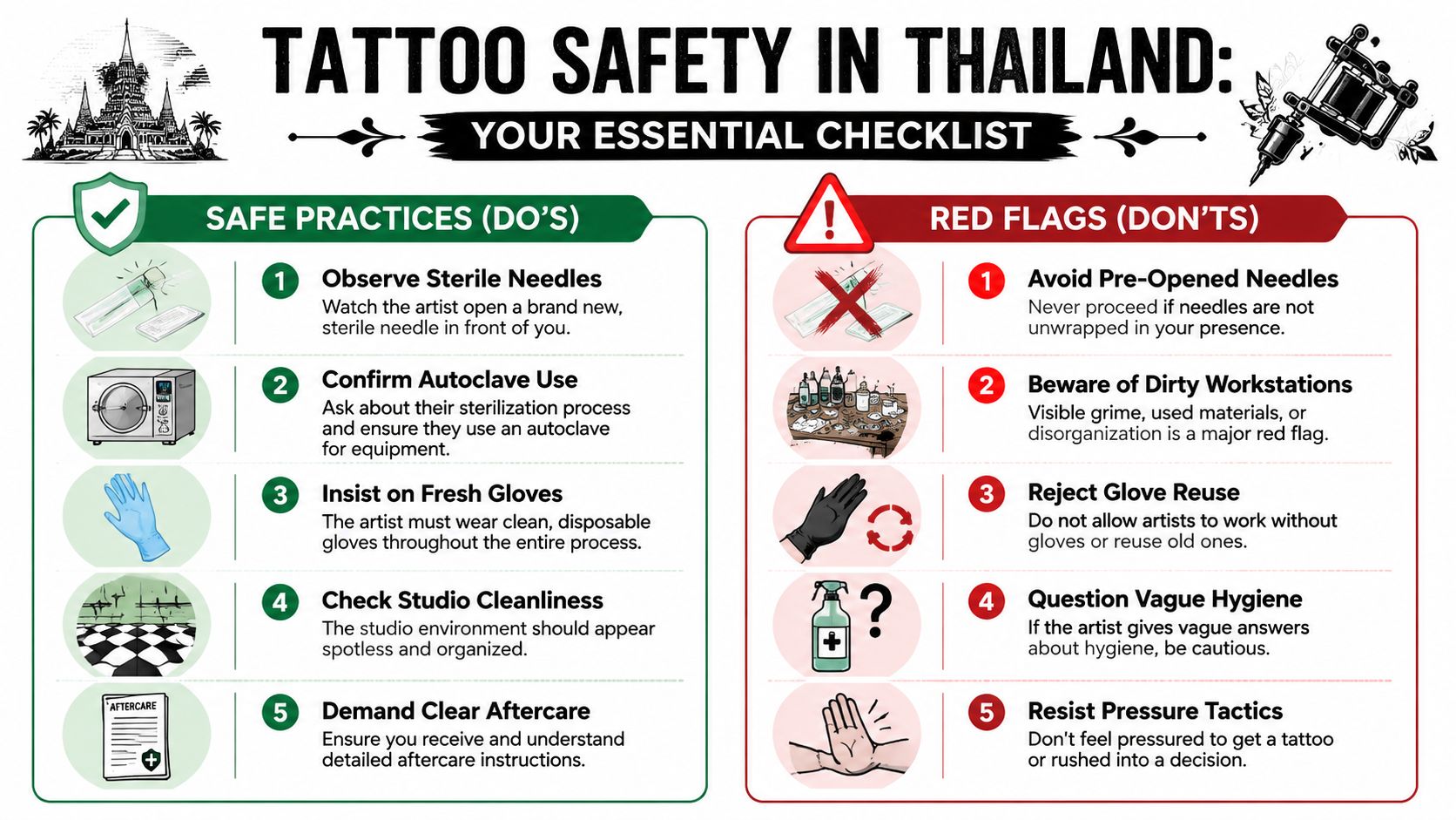 An infographic checklist outlining essential safety practices and red flags for getting a tattoo in Thailand.