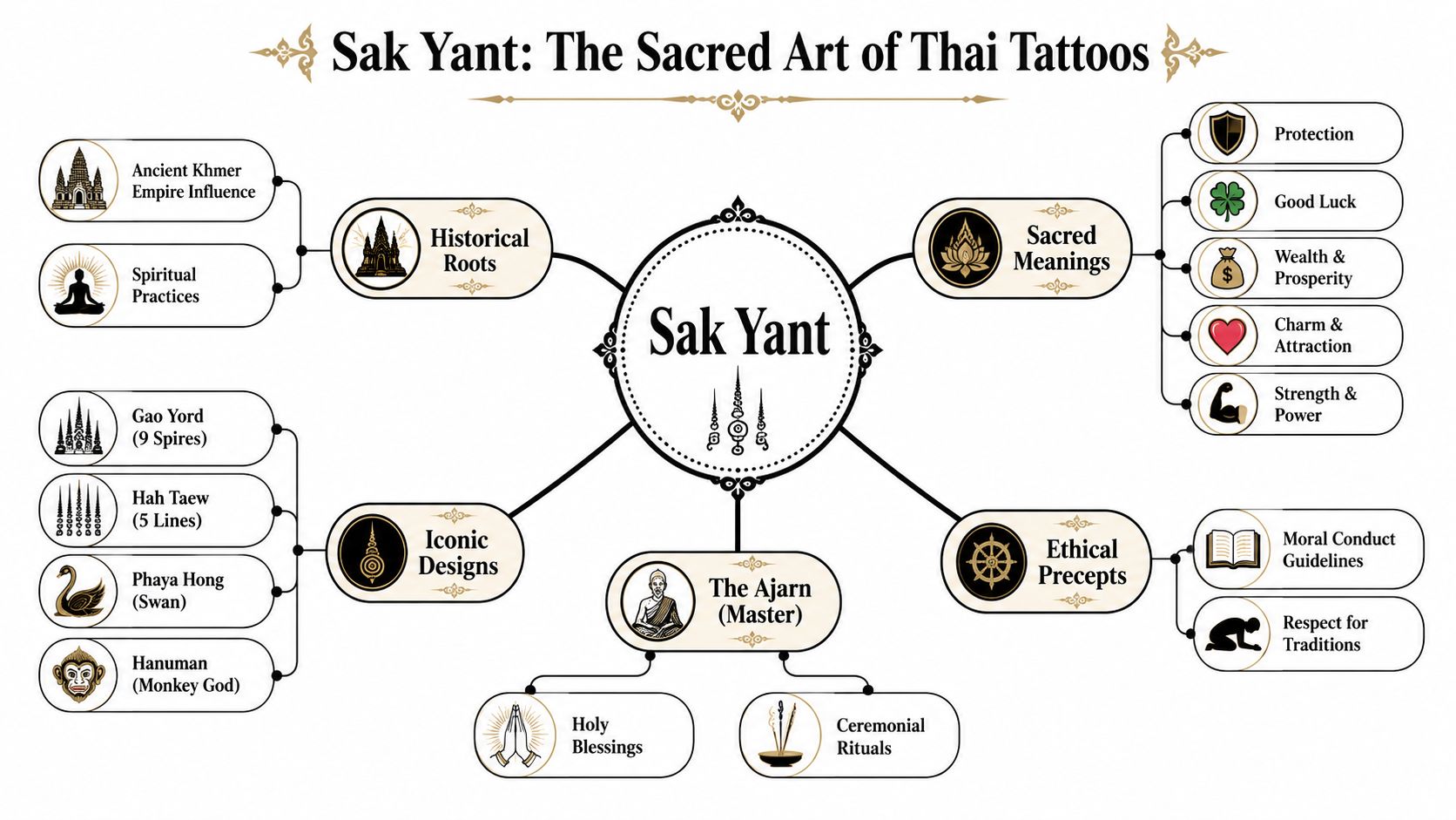An infographic titled Sak Yant explaining the history, meanings, designs, and ethical precepts of Thai sacred tattoos.