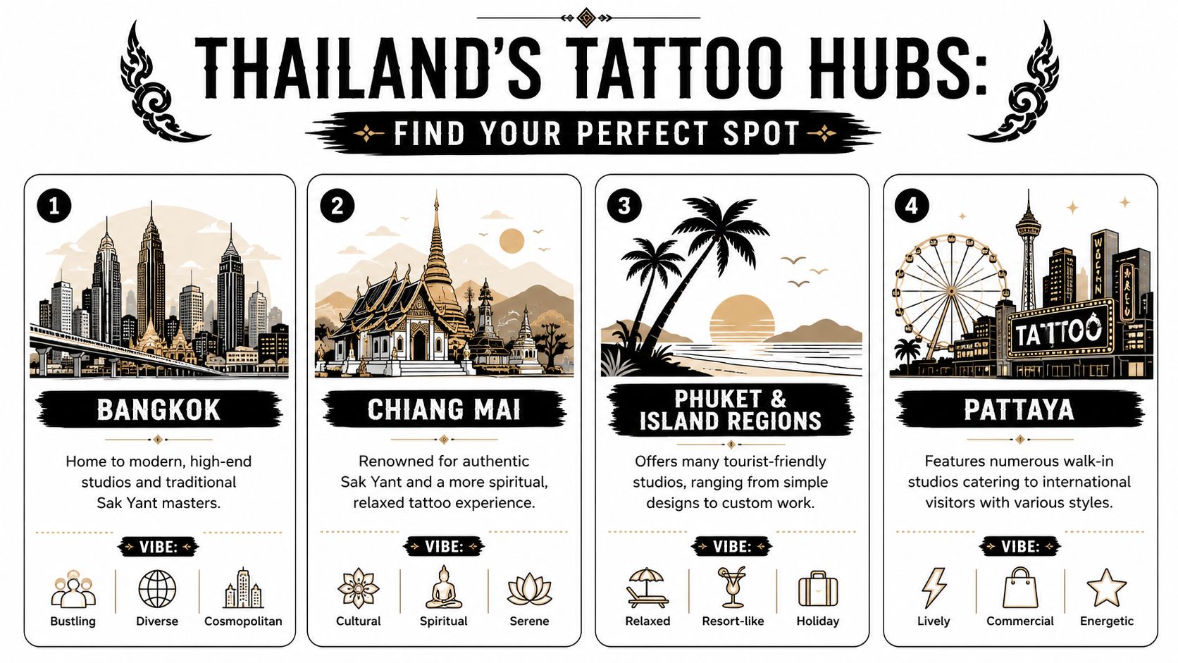 An infographic titled Thailand's Tattoo Hubs showcasing four major cities for getting tattoos in Thailand.