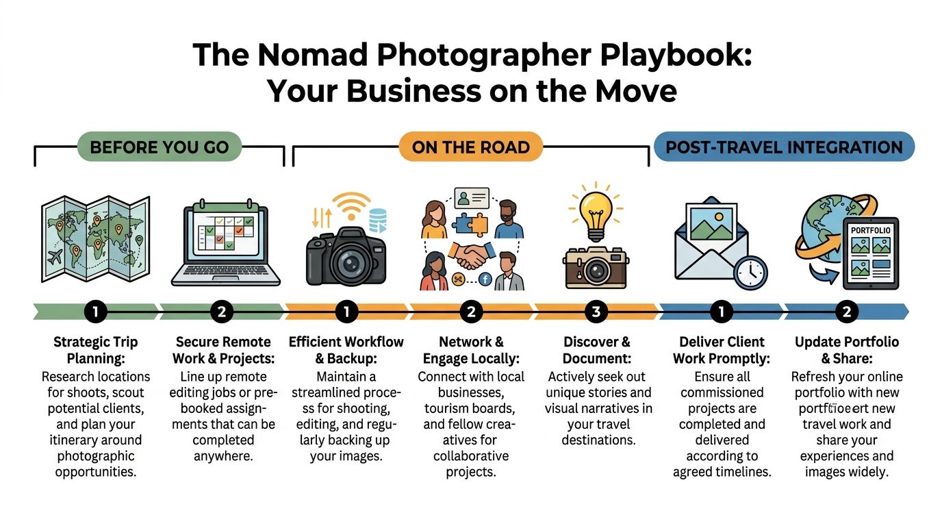 An infographic detailing a step-by-step roadmap for photographers to manage their business while traveling internationally.