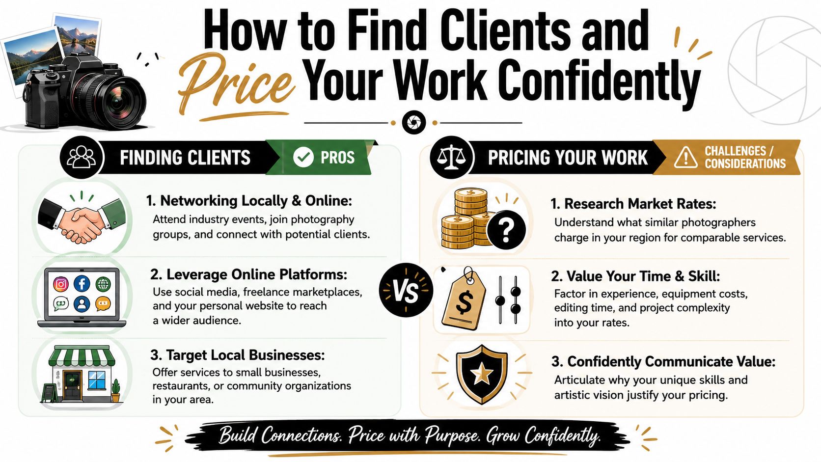 An infographic titled How to Find Clients and Price Your Work Confidently for freelance photographers.
