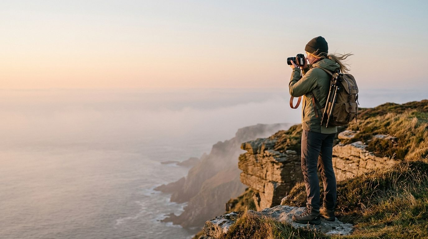A female photographer in outdoor clothing takes pictures of a coastal cliff landscape during sunset.