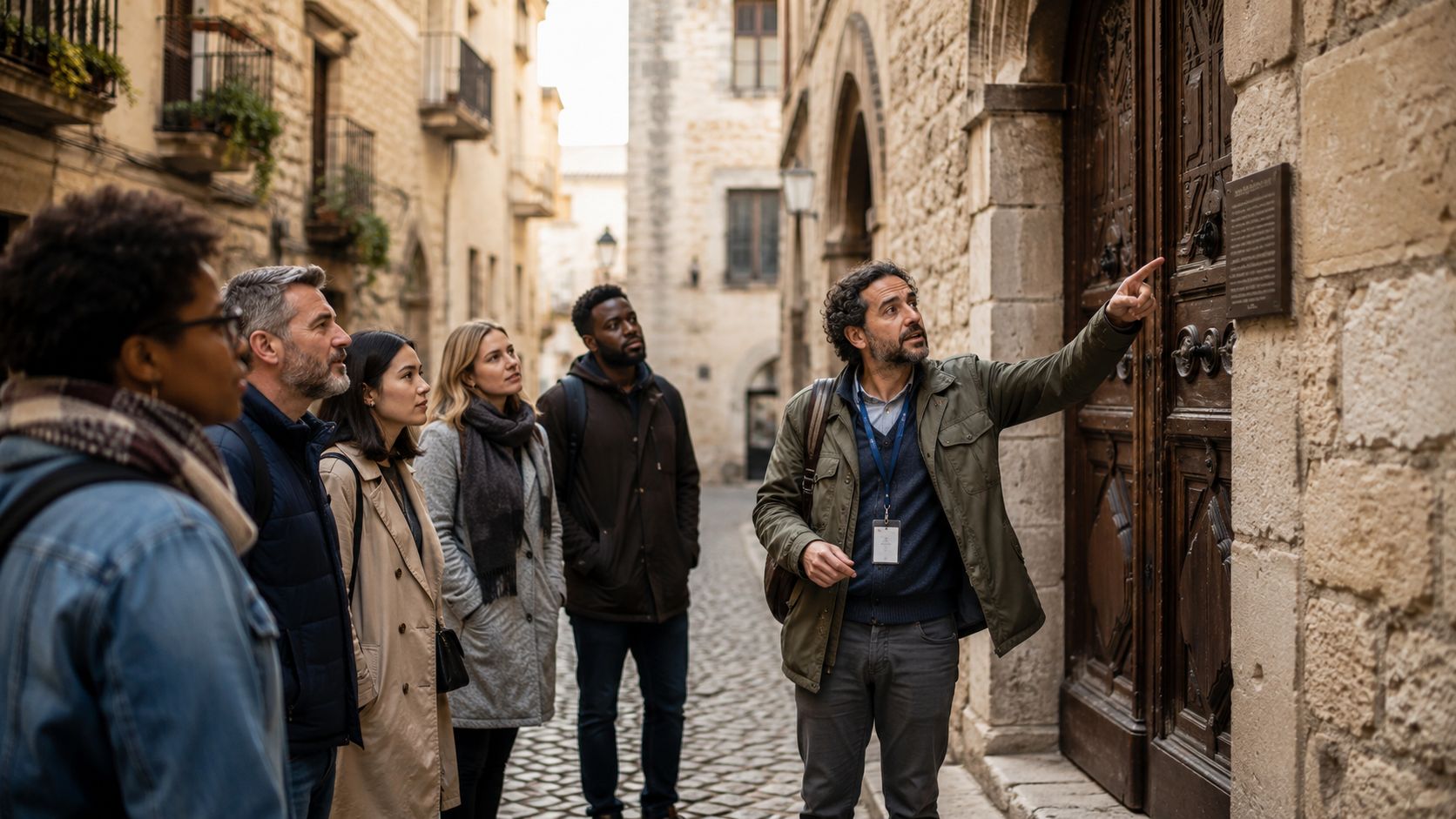 A professional tour guide points to a historical plaque for a diverse group of tourists in Europe.