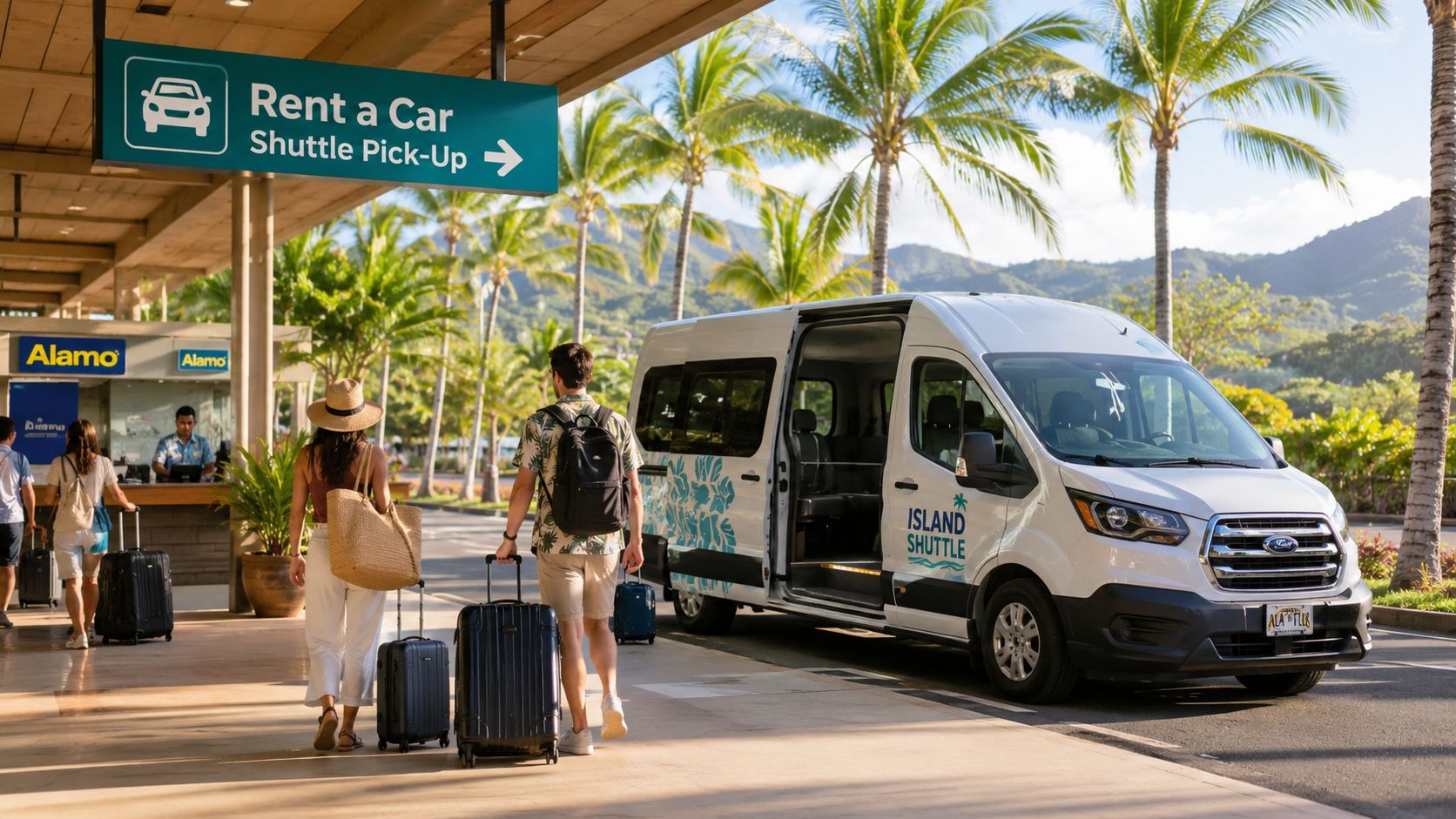 Travelers walk towards an Island Shuttle van at a car rental pick-up location in Hawaii.