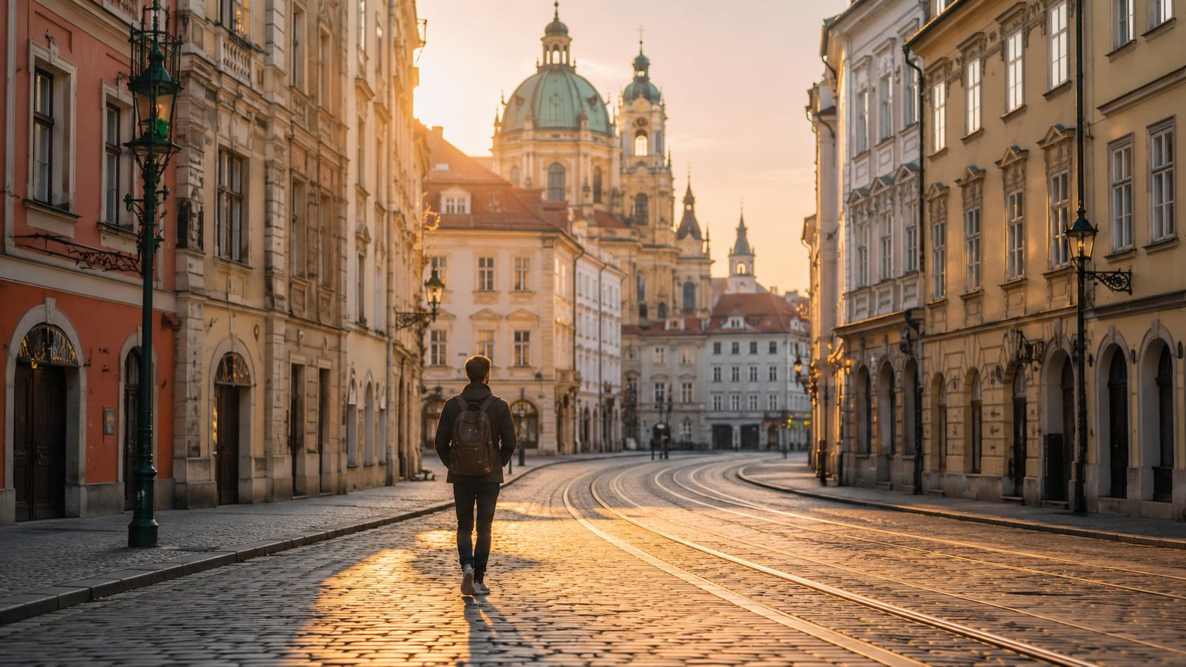 A traveler with a backpack walks down a historic European street with tram tracks at sunrise.