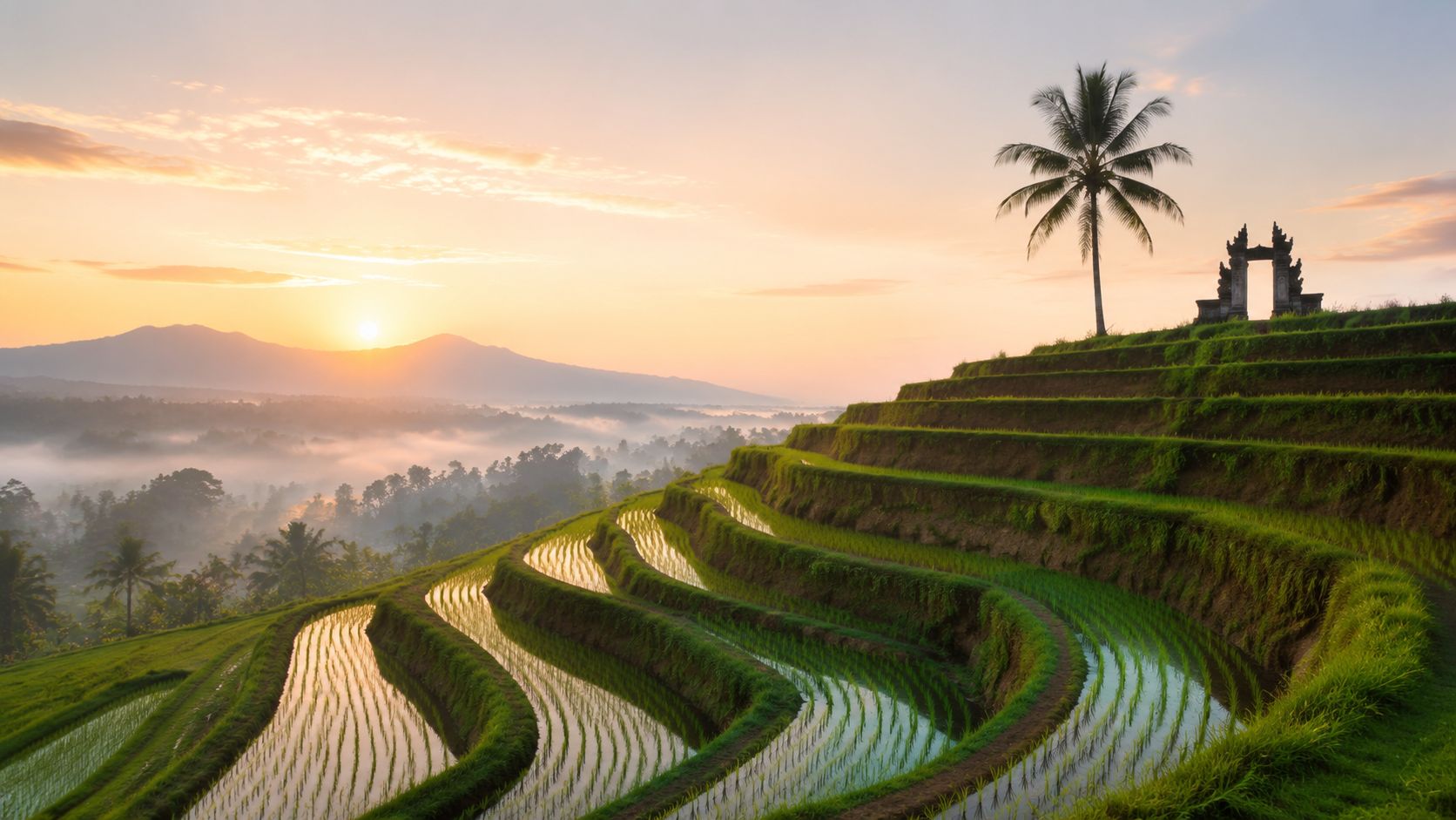A breathtaking sunrise over the iconic Jatiluwih rice terraces in Bali with a traditional Balinese temple gate.